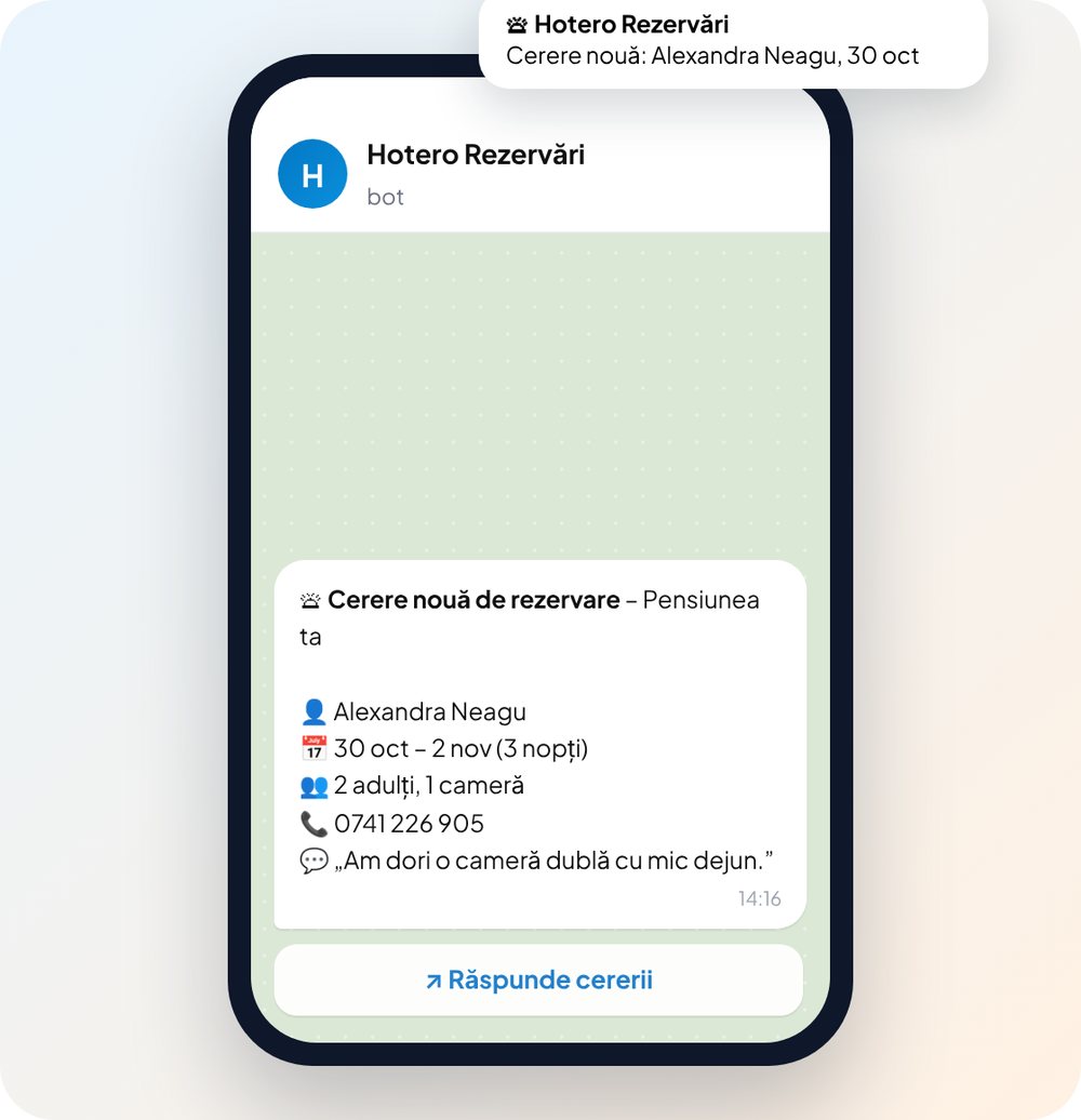 Mesaj Telegram cu o cerere nouă de rezervare